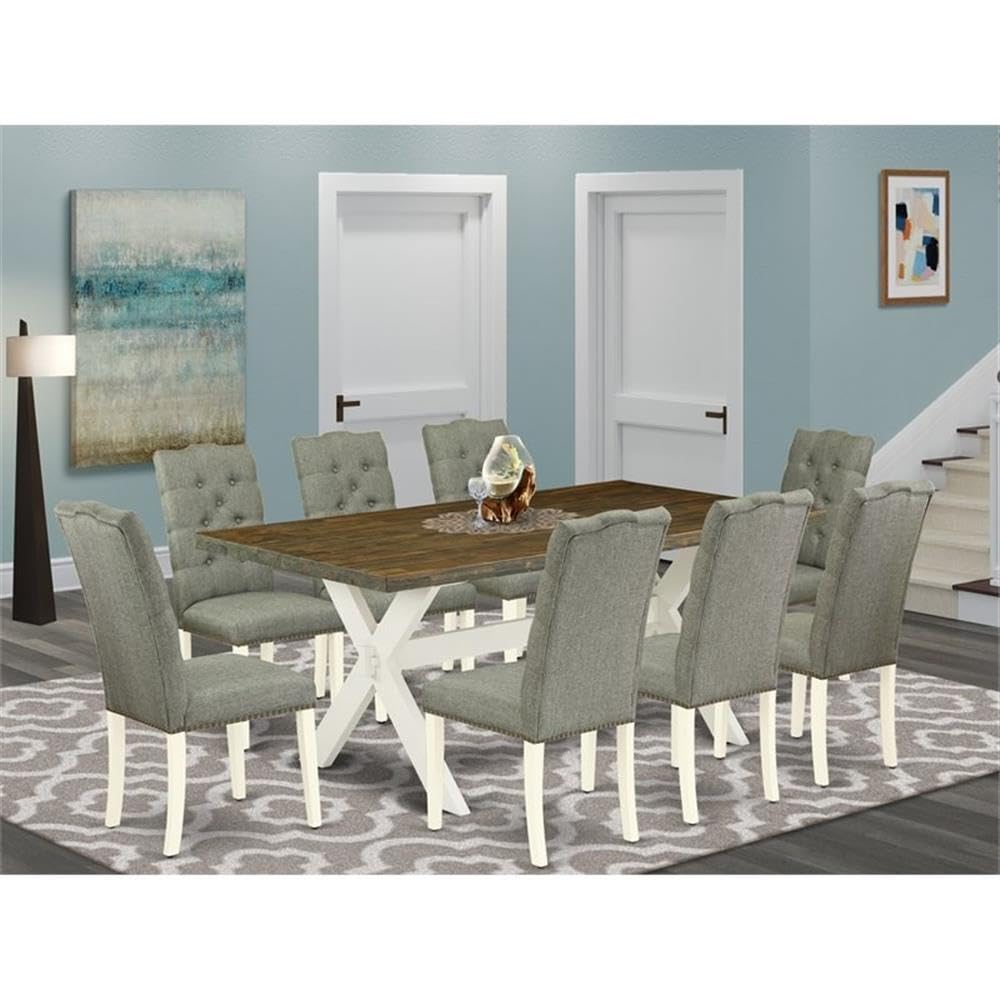 East West Furniture X077El207-9 9 Piece Kitchen Table Set Includes A Rectangle Dining Table With X-Legs And 8 Gray Linen Fabric Parson Dining Room Chairs, 40X72 Inch, Multi-Color